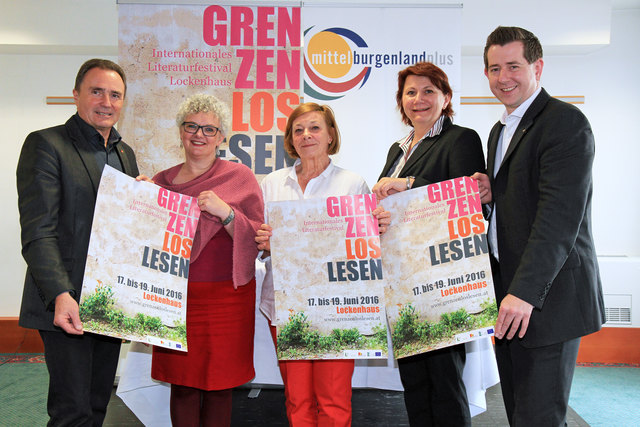 Stellten das neue Internationales Literaturfestival „Grenzenlos Lesen“ vor (v.l.): Kulturlandesrat Helmut Bieler, Herta Emmer und Gabriele Madeja vom Verein „Lesekultur ohne Grenzen“, Martina Pauer, Obmann-Stellvertreter Verein LAG mittelburgenland plus,  | Foto: Bgld. Landesmedienservice
