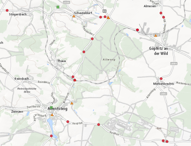 Neben dem Stadtgebiet von Zwettl ereignen sich zwischen Allentsteig und Göpfritz/Wild viele Unfälle. | Foto: Statistik Austria