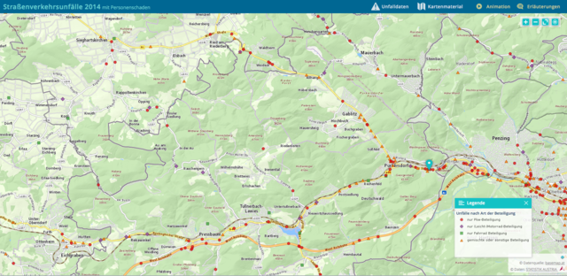 Die Verkehrsunfallkarte zeigt: Unfälle häufen sich vor allem entlang der Hauptverkehrsadern B1, B44 und A1. | Foto: www.statistik.at/verkehrsunfallkarte
