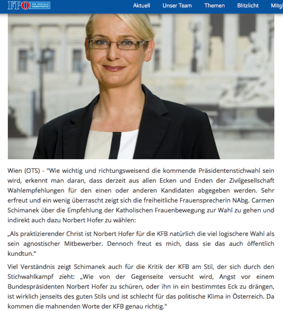 Auf der Homepage der FPÖ und via OTS-Aussendung bedankt sich Carmen Schimanek beim kfb für eine scheinbare "Wahlempfehlung". | Foto: Screenshot von www.fpoe.at