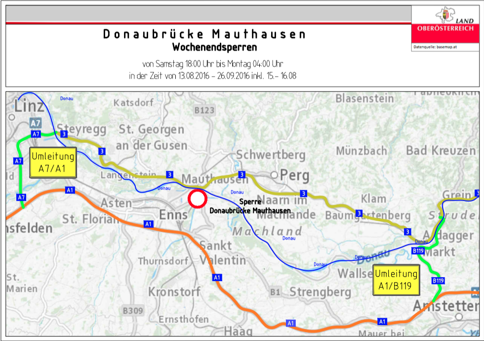 Übersichtsplan mit den möglichen Ausweichrouten für die Zeit der Sperren: Grein und Linz werden als Alternativen angegeben.