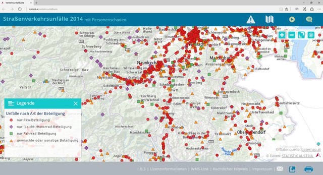 Die farbigen Symbole zeigen die Art der Unfallbeteiligten an: Rot sind Pkw-Unfälle, lila Mopeds und Bikes, grün sind Fahrradunfälle und Gold zeigt Fußgänger oder gemischt Beteiligte an. | Foto: Statistik Austria