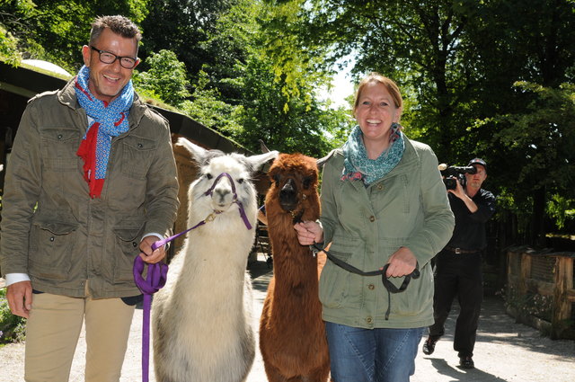 Spaziergang mit dem neuen Patenkind "Stella" und "Shakira": Bezirksblätter-Geschäftsführer Michael Kretz mit Zoo Salzburg-Direktorin Sabine Grebner.