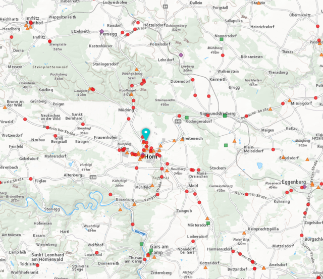 Hier sehen Sie die Hotspots der Verkehrsunfälle im Bezirk Horn. In der Prager Straße ereignen sich die meisten Unfälle. | Foto: Statistik Austria