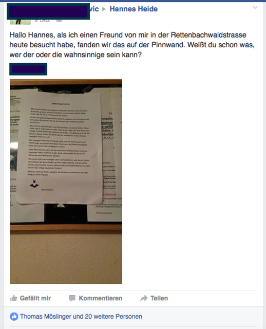 "Jedes Mal, Hannes, wenn du ein Bat-Zeichen erkennst, irgendwo in der Stadt, dann weißt du, dass ich in Action bin und Selbstjustiz ausübe", schreibt Batman. Das ist defacto eine direkte Ankündigung einer strafbaren Handlung. | Foto: Screenshot Facebook