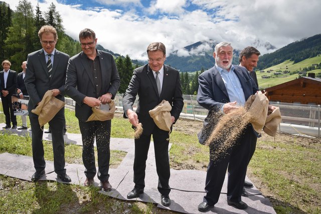 Als Zeichen der ökologischen Nachhaltigkeit des Projektes wurde neuer Rasen ausgesät: v.l: TVB-Obmann Johannes Duftner, BGM Markus Bischofer, LH Günther Platter, Präsident EU-Forum Franz Fischler und CCA-GF Georg Hechenblaikner.