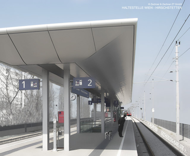 So soll die Haltestelle Hirschstetten nach der Modernisierung Ende 2018 aussehen. Die Hauptarbeiten des ÖBB-Projektes starten im Mai 2017. | Foto: Zechner & Zechner ZT GmbH