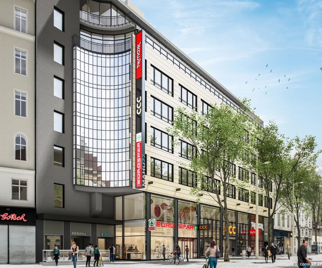 Das Gebäude in der Mariahilfer Straße 77 bekommt eine neue Glasfassade.
