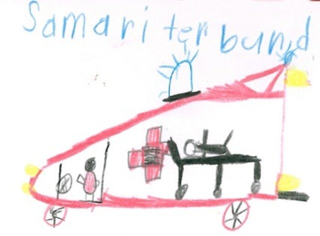Das neue Rettungsauto des Samariterbundes, toll gezeichnet von den Kindern.