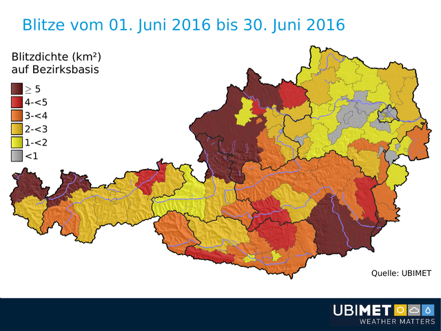 Blitze auf Bezirksbasis in Österreich, 01.06. bis 30.06.2016 | Foto: Ubimet