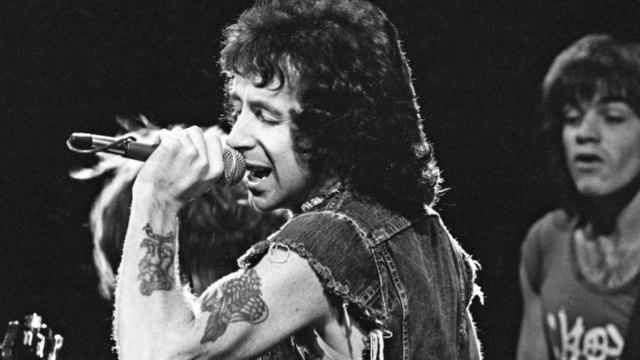 HOLLYWOOD - CIRCA 1977: Singer Bon Scott, who died in early 1980, belts out a number circa 1977 in Hollywood, California.