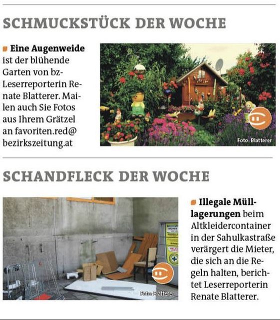 Herzlichen Dank für unser Schmuckstück das es wieder hier Platz gefunden hat. Ich freue mich natürlich sehr darüber liebe Redaktion Favoriten.Der Schandfleck ist eine traurige Angelegenheit wenn Menschen es sich sehr leicht machen. Danke sagt Renate Blatterer