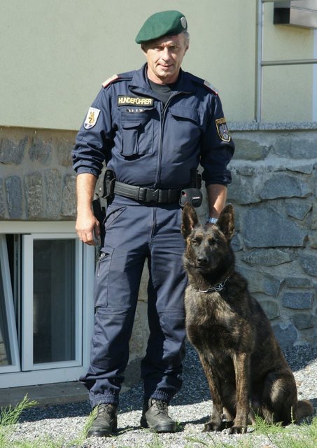 Auch Polizeihunde kamen in Weikertschlag zum Einsatz. Im Bild: Abteilungsinspektor Andreas Riffer mit seinem Diensthund ,Crash of Silvermoon‘.