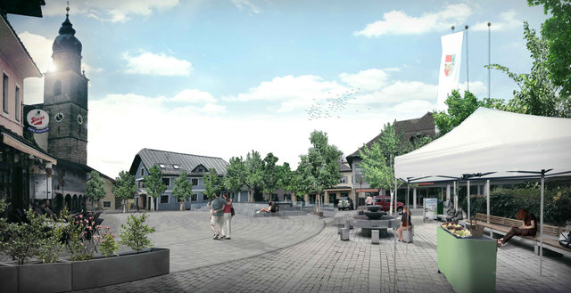 So stellt sich die LeSe den Hauptplatz in Seekirchen ohne Hofwirt vor. Die Straße soll in einem Bogen herumgeführt werden.