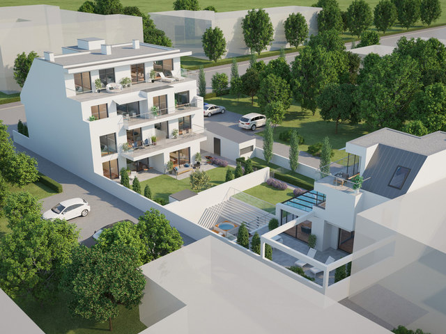 Die Visualisierung des neuen Wohnprojektes zwischen Kagraner Platz und Am Langen Felde zeigt urbanen Wohnraum mit Bepflanzung im Bereich des Grüngürtels. | Foto: Glorit Bausysteme GmbH