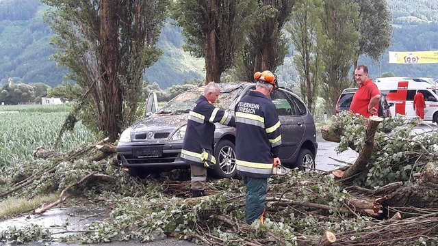 In Friesach konnte eien Lenkerin ihr Fahrzeug nicht mehr anhalten und fuhr in einen auf der Straße liegenden Baum | Foto: KK