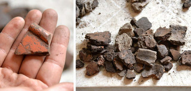 Keramik aus verschiedenen Epochen. Links: römische „Terra Sigillata“, recht mehr als tausend Jahre ältere Scherben aus der Bronzezeit. | Foto: Dietrich