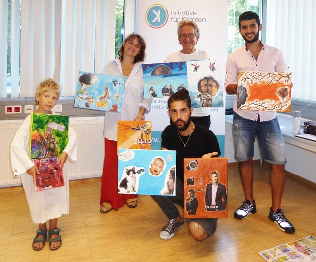 Großeltern mit Enkelsohn und zwei junge Männer aus Syrien sind gemeinsam zum Workshop gekommen - die Ergebnisse können sich mehr als sehen lassen!