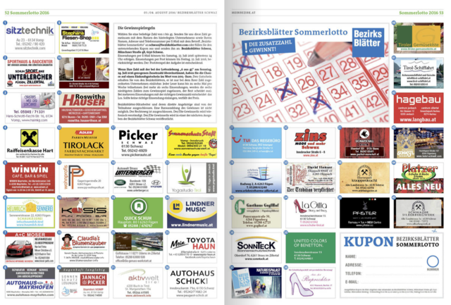 Wählen Sie eine beliebige Zahl von 1 bis 45. Senden Sie uns diese Zahl gemeinsam mit dem Namen des hinterlegten Unternehmens sowie Ihrem Namen, Adresse und Telefonnummer per E-Mail mit dem Betreff "Bezirksblätter Sommerlotto" an schwaz@bezirksblaetter.com