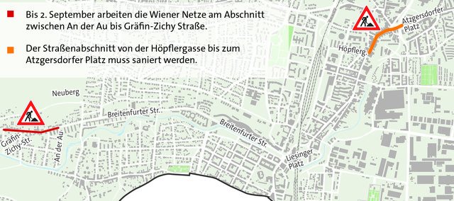 Staugefahr auf der Breitenfurter Straße: An zwei Stellen in Liesing wird die Fahrbahn saniert. | Foto: Plan: APA/Retter
