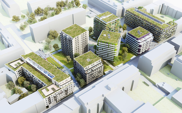Geplant: Hörbiger-Gründe nach der Errichtung der sieben Wohnblöcke mit Wohnungen, Kindergarten und viel Grün. | Foto: gbstern