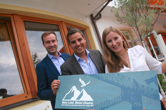 Vertreter der Jungen ÖVP vor dem Hotel Alpenblick in Schüttdorf: Generalsekretär Stefan Schnöll, Bundesobmann-Stv. NRAbg. Asdin El Habbassi und Landesobfrau LAbg. Martina Jöbstl. | Foto: Christa Nothdurfter