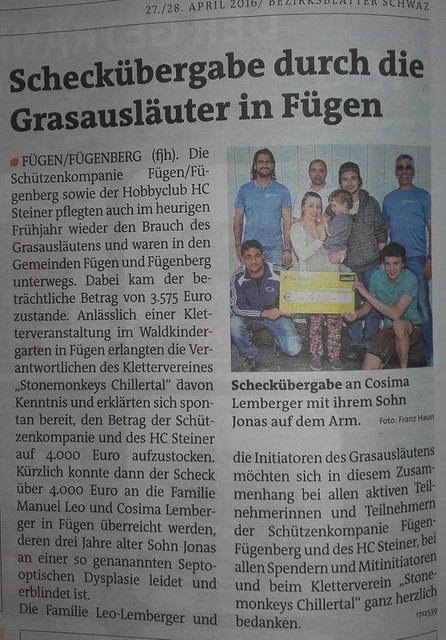 Bericht in der BZ über die Scheckübergabe