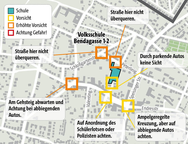 Volksschule Bendagasse: Beim Weg in die Schule gibt es keine akuten Gefahrenstellen, erhöhte Vorsicht ist trotzdem geboten. | Foto: auva/Knoll