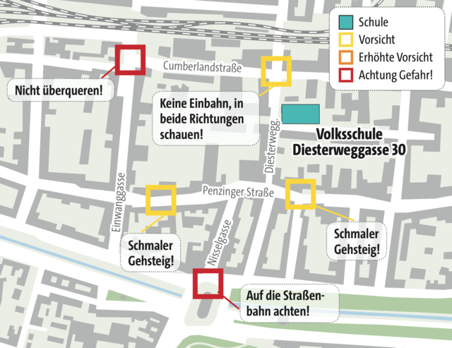 Zwei Gefahrenstellen müssen die Kinder auf dem Weg in die VS Diesterweggasse überwinden. Vorsicht ist angebracht. | Foto: Grafik: APA/Czervenka