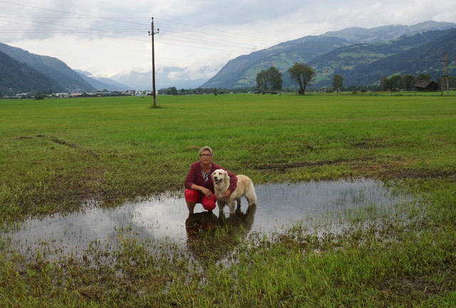 Landwirtin Katharina Schwab-Hutter mit ihrem Golden Retriever auf ihren feuchten Wiesen - im Hintergrund Schüttdorf.