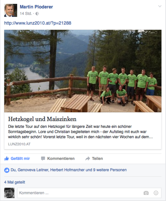 Bürgermeister Martin Ploderer berichtet auf seinem Blog gerne über Wanderungen und Aktuelles aus der Lunzer Gemeindepolitik. | Foto: Facebook