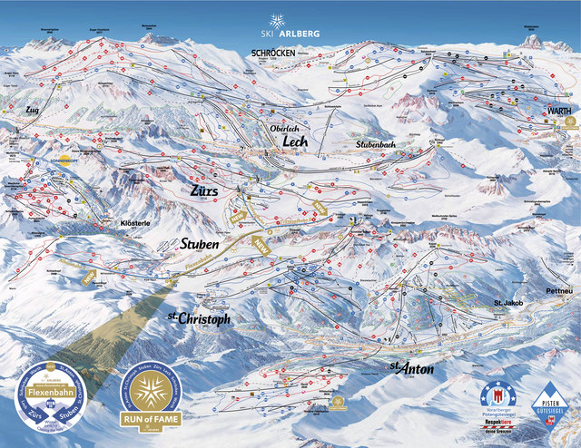 So sieht die Übersichtskarte des größten zusammenhängenden Skigebiets Österreichs am Arlberg aus.