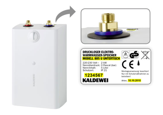 Vom Rückruf betroffen: Kaldewei Elektro-Warmwasser-Speicher Modell 805-U Untertisch der Produktionsjahre von 2008 bis zum 14. Jänner 2013.