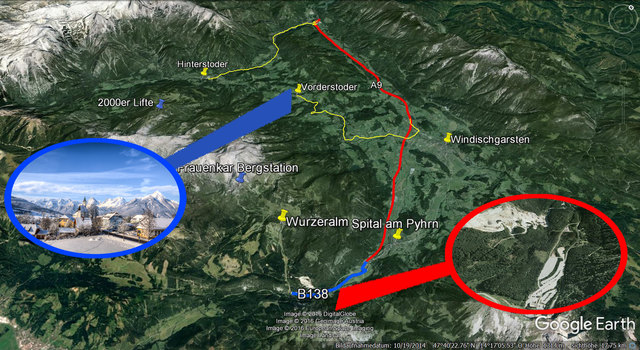 Wird nur Vorderstoder (blau) ausgebaut, befürchtet man ein höheres Verkehrsaufkommen. Im Umkehrschluss wäre bei der Wurzeralm schon eine Autobahnabfahrt in der Nähe. | Foto: google earth/Phyrn Priel-Region