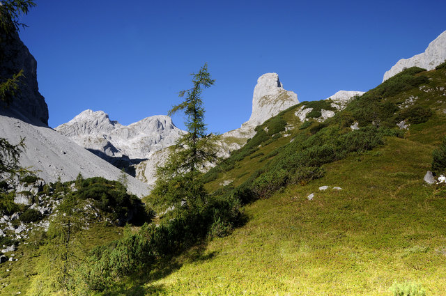 Die Torsäule, markant und kletterfreundlich! Viele schöne und auch sehr extreme Routen leiten zum Gipfel. Von keiner Seite ist er leicht zu ersteigen.