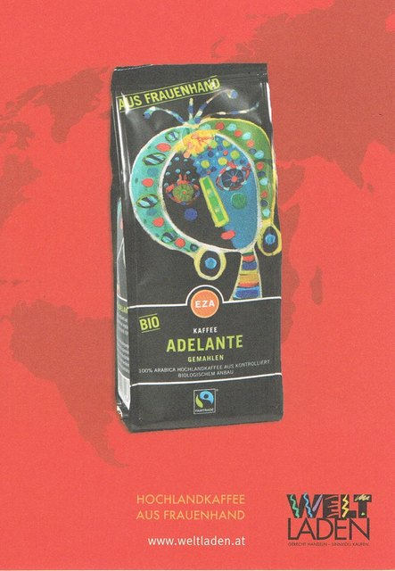 Den Frauenkaffee Adelante gibt es gemahlen als 1/4 kg und als ganze Bohne als 1/4 kg und in der 1-kg-Packung.
