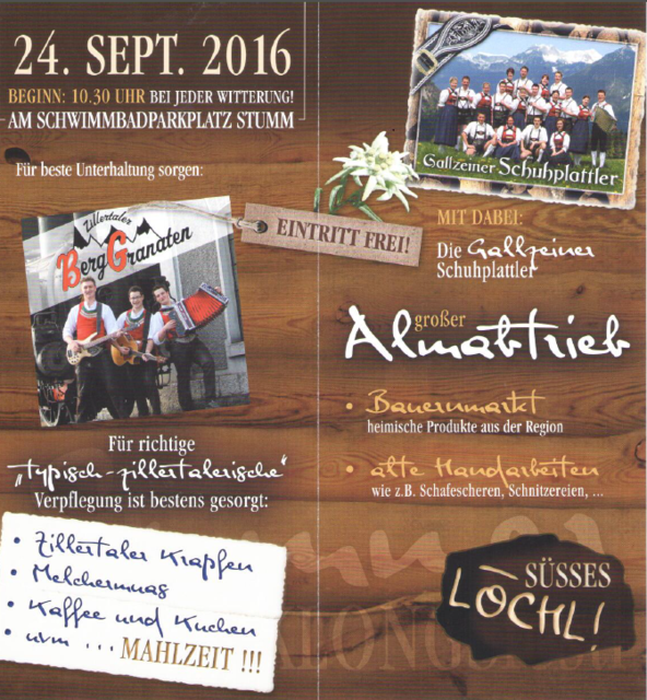 Stummer AUSKLONGSFEST mit großem Almabtrieb, Bauernmarkt u. alte Handarbeiten am Sa. 24.Sept. 2016 / ab 10:30 Uhr der Landjugend und Bäuerinnen in Stumm.