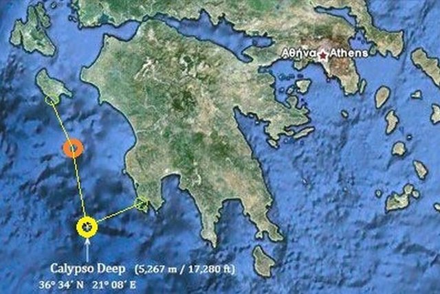 EL GRECO Teilroute: Zakynthos - Strophaden (oranger Kreis) - Calypso-Tiefe mit 5.267 Metern (gelber Kreis) - Methoni am westl. Peloponnes.