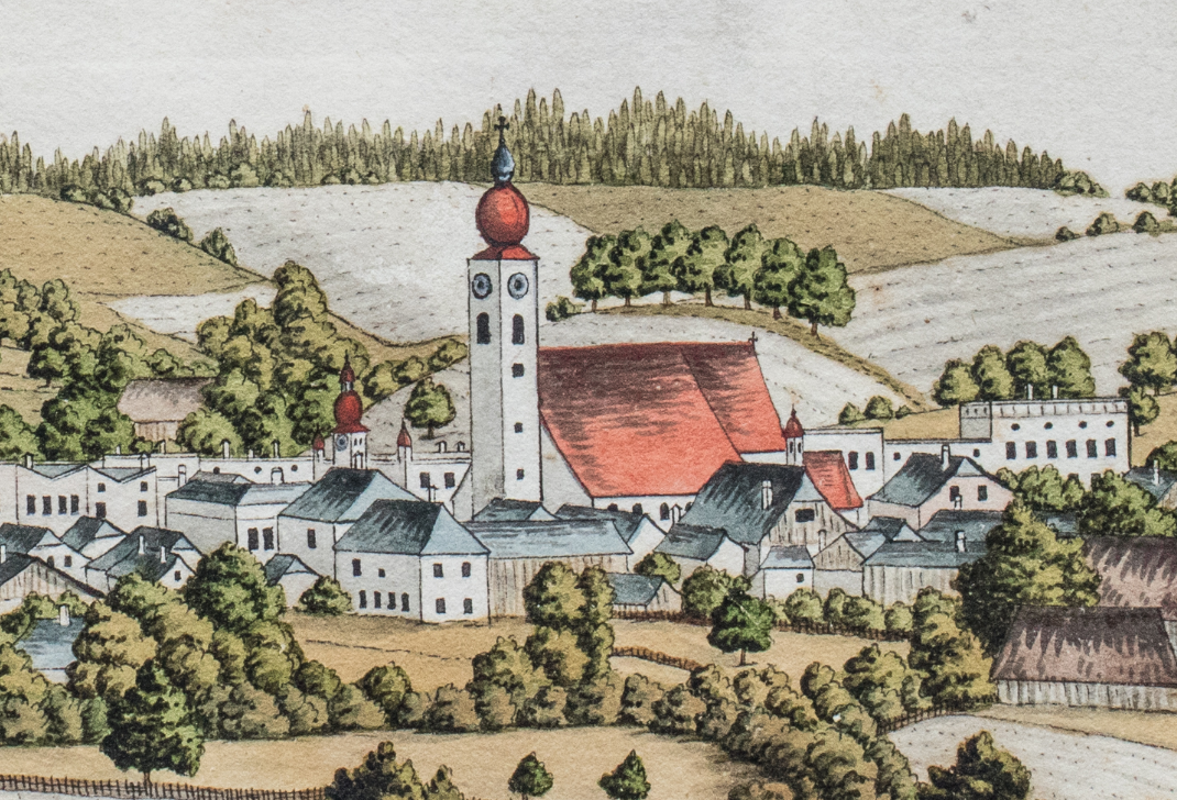 Stadtzentrum von Grieskirchen. Bildausschnitt Hartenstein, 1811