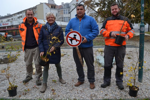 Bgm. Ingrid Salamon mit Bauhofleiter Günter Dorner und den Bauhofmitarbeitern Otmar Rieger und Markus Lang (re)
