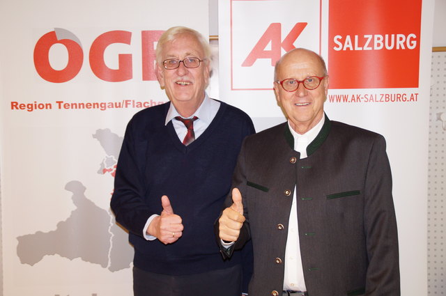 Die Richtung stimmt, es gibt Grund zur Freude bei Siegfried Pichler, Präsident der Arbeiterkammer Salzburg, und Othmar Praml, Leiter der AK-Bezirksstelle Tennengau.