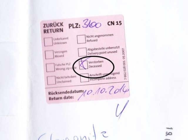 „Verstorben“ Brief zurück - Neunkirchen