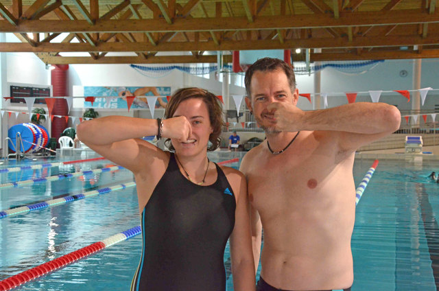 Andrea Schider, Vizelandesmeisterin im "Statik" Bewerb und Wolf Hilzensauer, Doppellandesmeister im "Statik" und "Dynamik ohne Flossen". Beide sind vom Tauchclub Delphin Hallein.