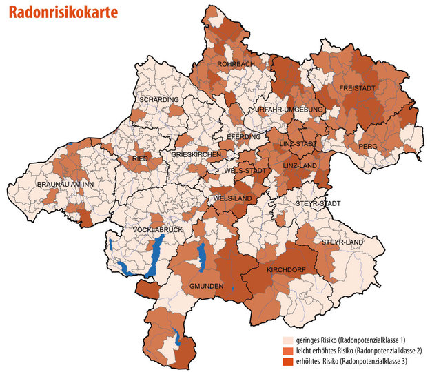 Die Radon-Risikokarte gibt Auskunft darüber, welche Gemeinden besonders vom Radon betroffen sind. | Foto: Land OÖ