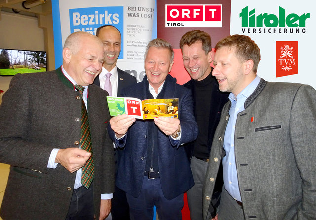 Die Partner stimmen sich ein: S. Krabichler (BB), Mag. F. Mair (Tiroler Vers.), H. Krieghofer (ORF), P. Kostner (ORF) und P. Margreiter (TVM) (v.l.)