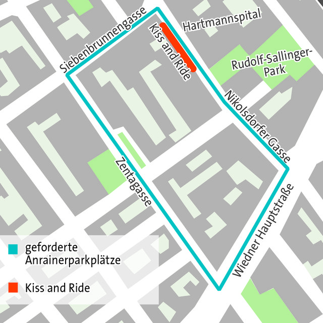 Das Hartmannspital in der Nikolsdorfer Gasse 32 erhält eine Kiss and Ride-Zone. Nun fordert die ÖVP Anrainerparkplätze im Grätzel. | Foto: Grafik: Retter