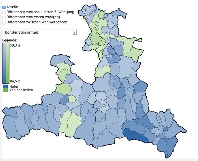 So schaut aktuell die politische Verteilung nach der Stimmabgabe zur Bundespräsidentenwahl 2016 aus: blau = Norbert Hofer hat die meisten Stimmen in dieser Gemeinde, grün = Alexander Van der Bellen holt sich die Stimmenmehrheit. | Foto: Kartogramm: Land Salzburg/salzburg.gv.at