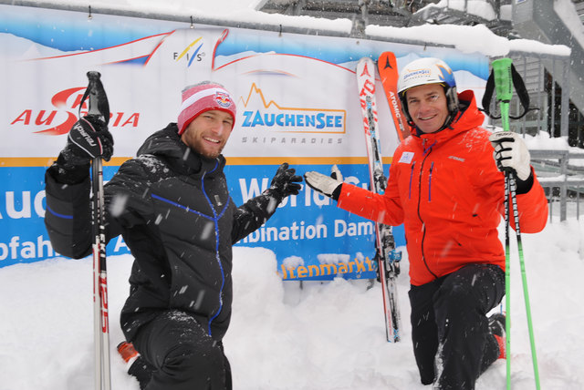 Konrad Laimer testete mit Hausherr Michael Walchhofer die Kälberloch-Weltcupstrecke in Zauchensee. | Foto: Weltcup Zauchensee