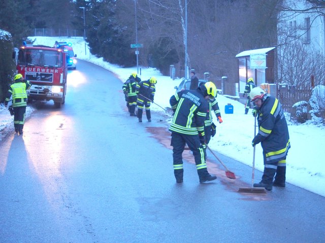 Feuerwehrmitglieder bei der Beseitigung der Ölspur. | Foto: www.ffwaidhofen.at