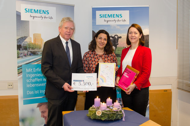 Siemens unterstützt das Sommercamp für Kinder psychisch kranker Eltern der Caritas St. Pölten mit einer Spende von 5.500 Euro, v. l. Franz Proksch (Leiter der Siemens Niederlassung in St.Pölten), Susanne Karner (Caritas Bereichsleiterin für Psychosoziale Einrichtungen), Anna Entenfellner (Caritas Leitung sozialpsychiatrische Arbeit).